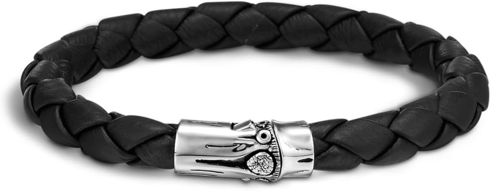 John Hardy Bamboo Collection - Pulsera para hombre, cuero negro de 0.315 in y plata de ley 925