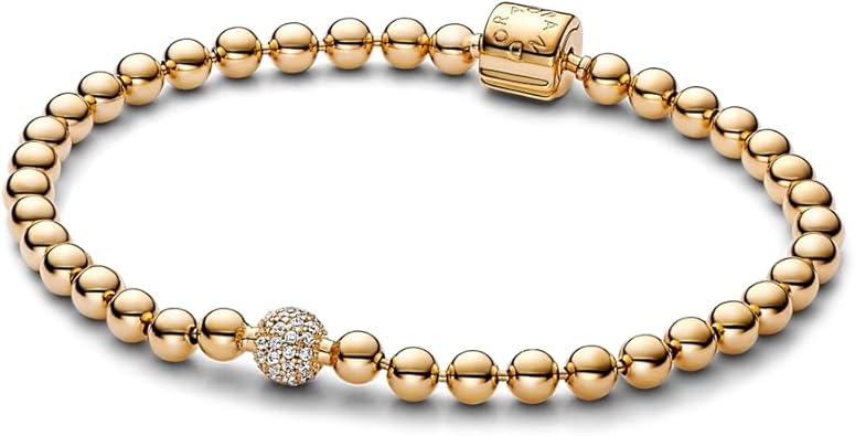 Pandora Pulsera de cuentas y pavé – Pulsera chapada en oro de 14 quilates para mujer –