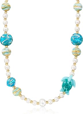 Ross-Simons Collar de tortuga y cuentas de cristal de Murano multicolor italiano con perlas cultivadas de 0.236-0.433 in en oro de 18 quilates