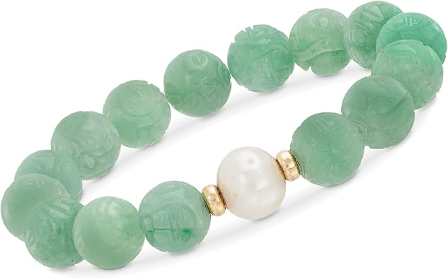 Ross-Simons Pulsera elástica de perlas cultivadas de 0.433-0.472 in y cuentas de jade tallado de 0.472 in con oro amarillo de 14 quilates