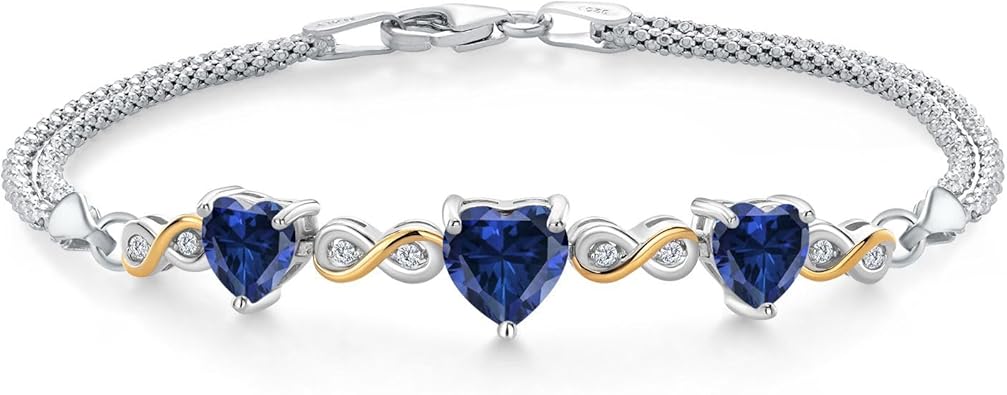 Gem Stone King Pulsera de plata de ley 925 y oro amarillo de 10 quilates, zafiro creado en azul y diamantes blancos