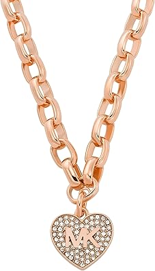 Michael Kors Latón y pavé cristal MK Logo corazón colgante collar para mujer, color: oro rosa (Modelo: MKJ8183791), Latón