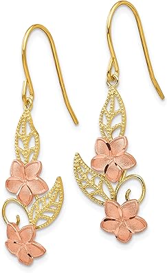 Aretes colgantes de oro de dos tonos de 14 quilates con diseño de plumeria hawaiana, Oro amarillo